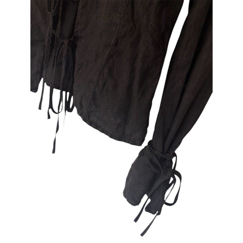 ZARA Black Linen Tie Front Long Sleeve V-Neck Shirt Size XS Trendy Stylish - Picture 5 of 8